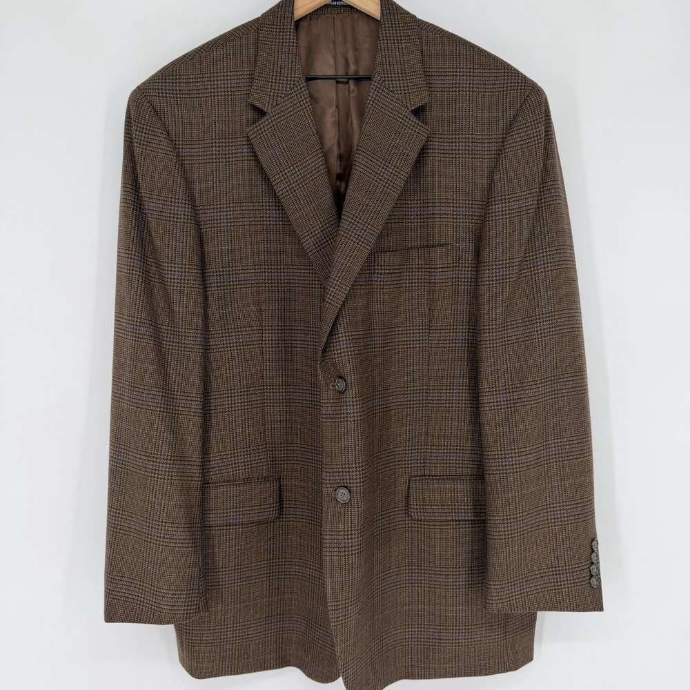 VTG Y2K Andrew Fezza Mens 46R Glen Check Plaid Wool Blazer Sport Coat Brown Blue